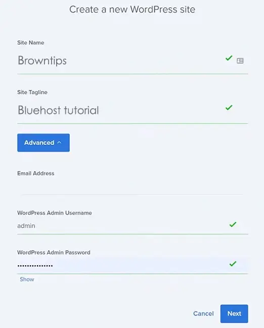 set your wp username and administrator password in bluehost