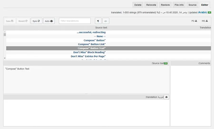 Loco Translate translation dashboard