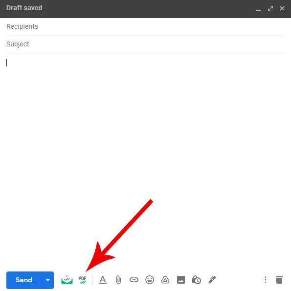 mailtrack PDF button located near the send option