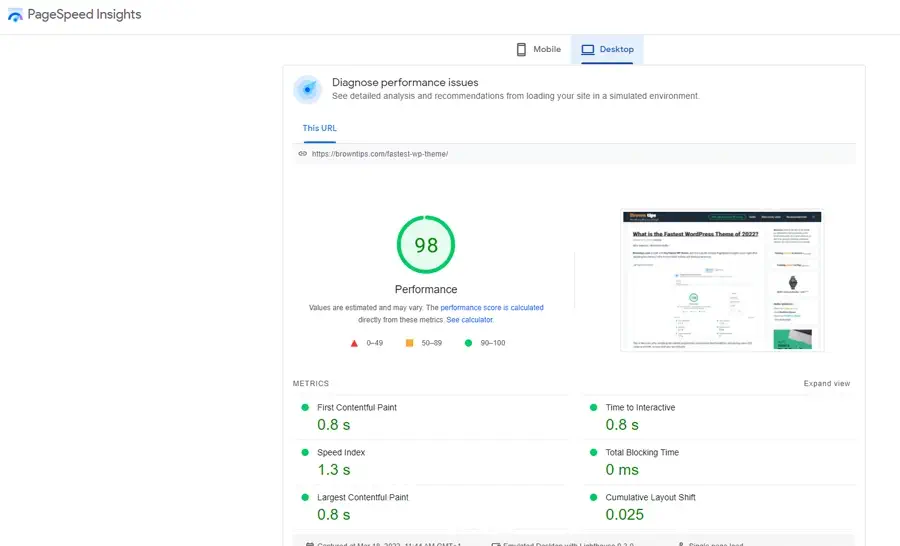 Google PageSpeed Insights green score