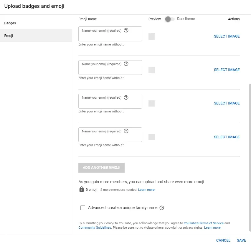 YouTube upload emojis dashboard