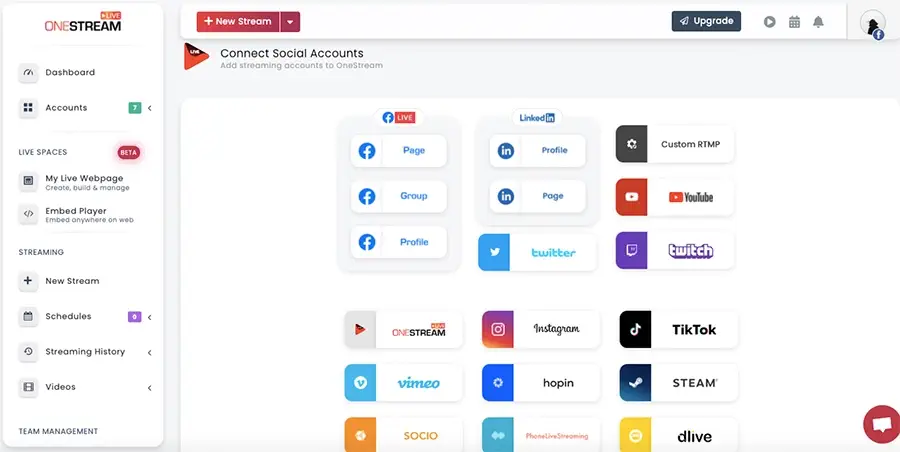 OneStreamLive dashboard, all the social media platforms